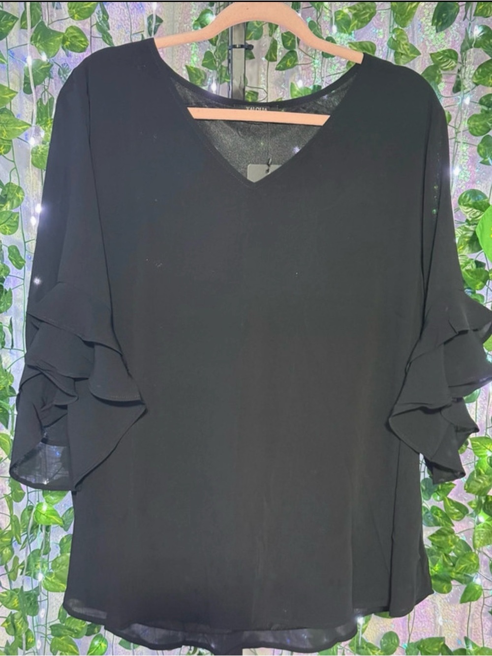 Valolia Black V-Neck Ruffle Sleeve Lined Black Blouse size XL
